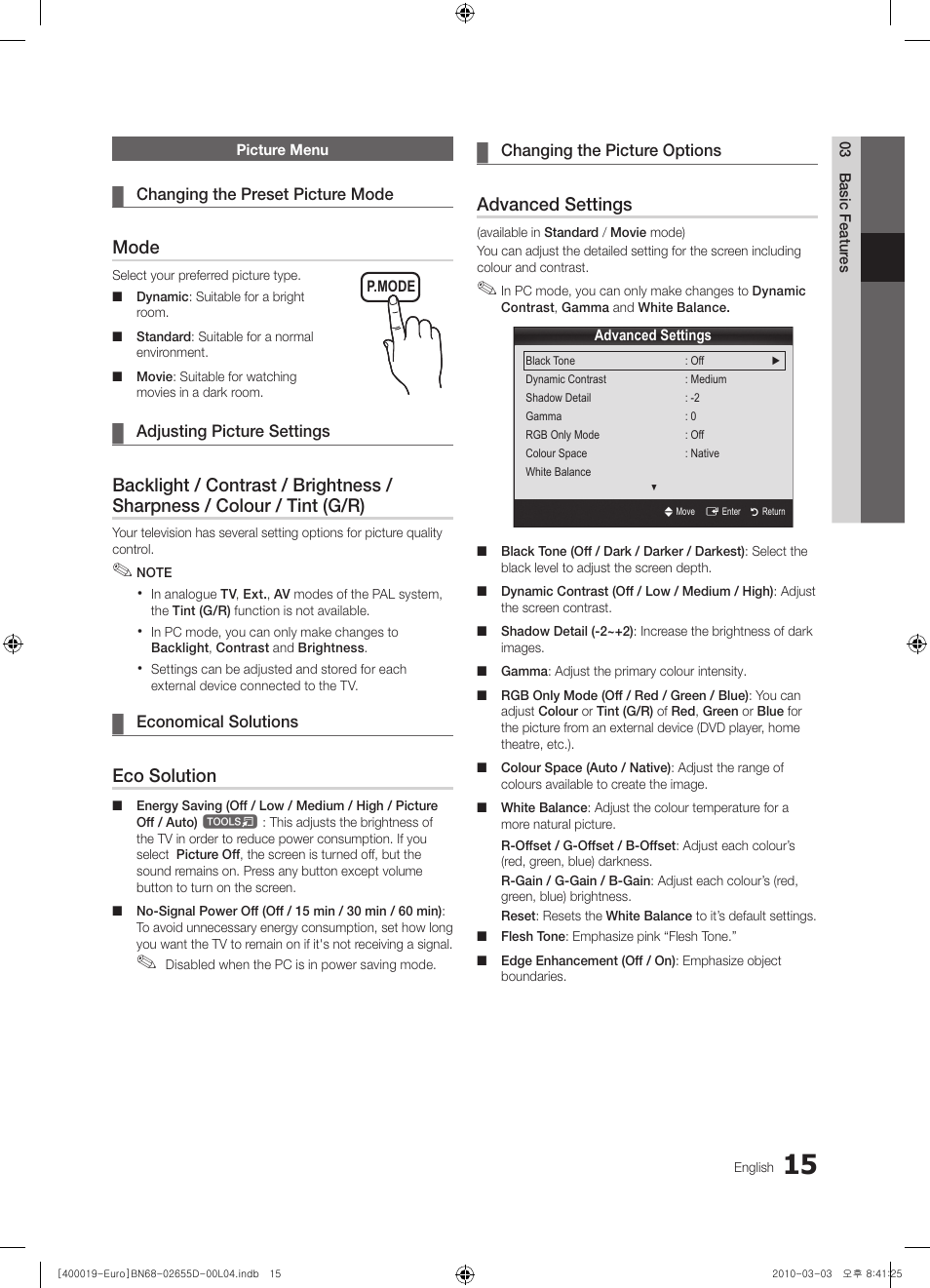 Mode, Eco solution, Advanced settings | Samsung UE32C4000PW User Manual | Page 15 / 169