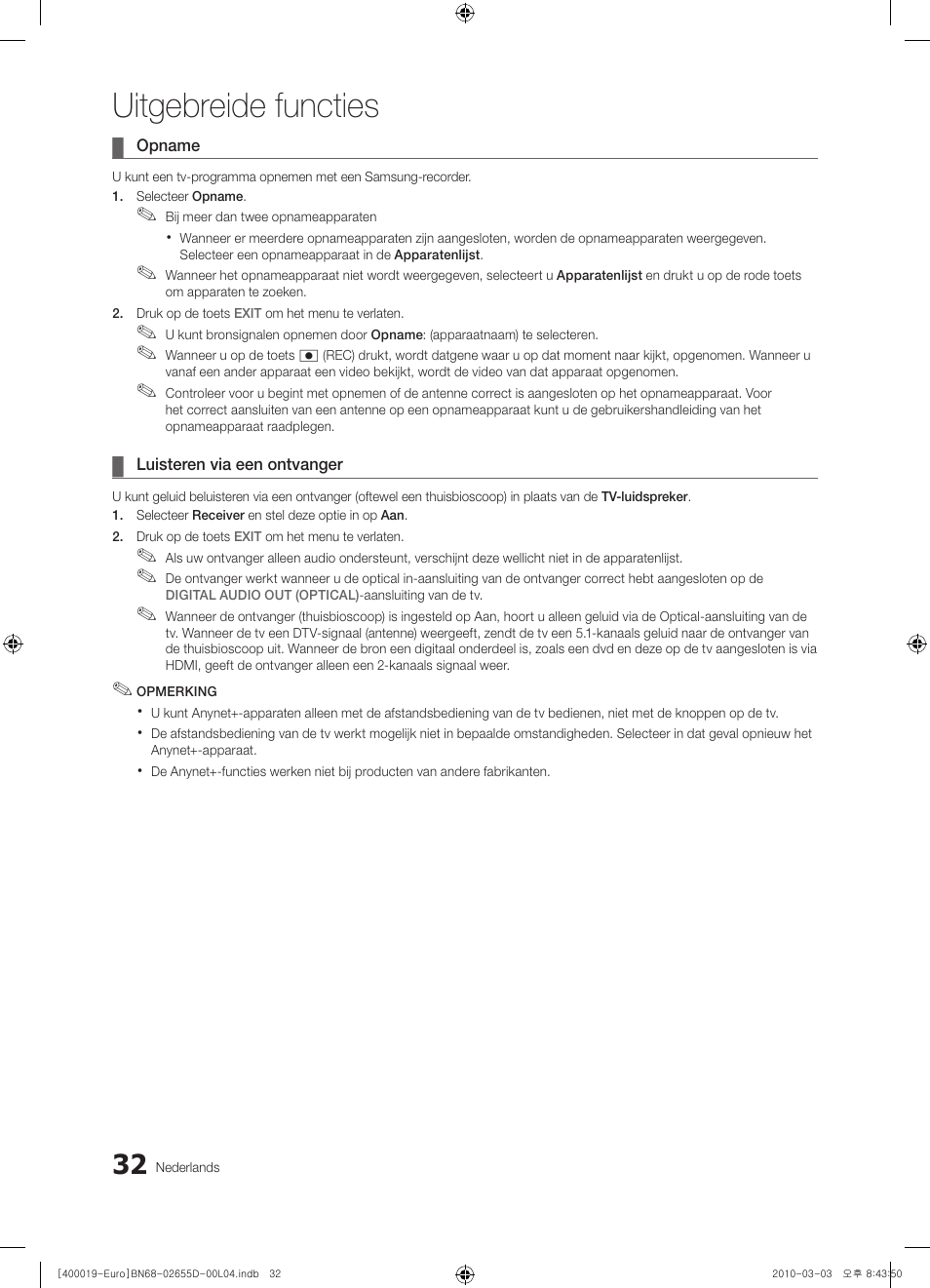 Uitgebreide functies | Samsung UE32C4000PW User Manual | Page 158 / 169