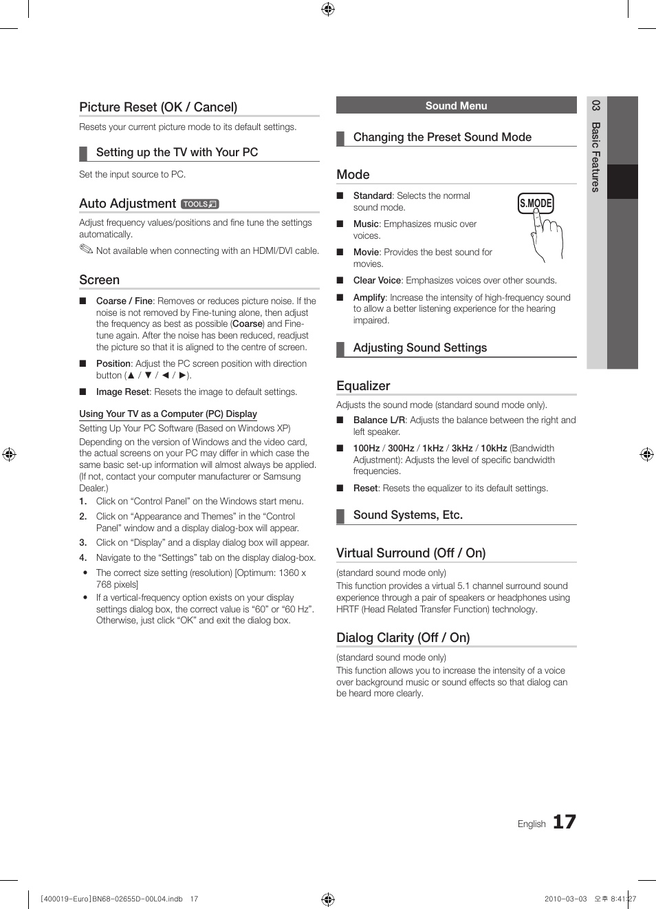 Picture reset (ok / cancel), Auto adjustment, Screen | Mode, Equalizer, Virtual surround (off / on), Dialog clarity (off / on) | Samsung UE32C4000PW User Manual | Page 17 / 169
