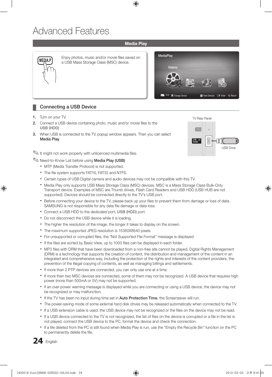 Advanced features | Samsung UE32C4000PW User Manual | Page 24 / 169