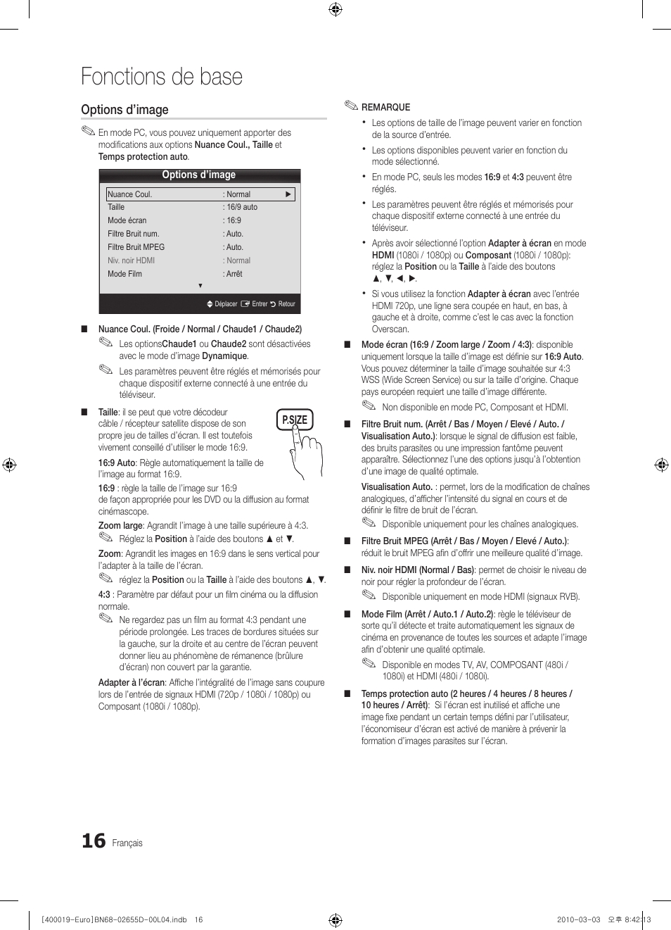 Fonctions de base | Samsung UE32C4000PW User Manual | Page 58 / 169