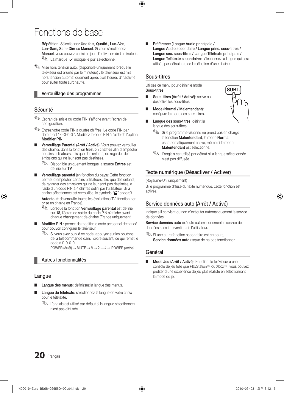 Fonctions de base | Samsung UE32C4000PW User Manual | Page 62 / 169