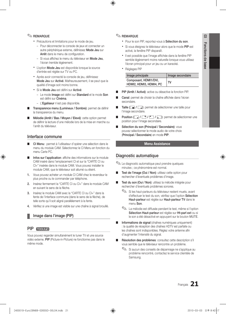 Interface commune, Diagnostic automatique | Samsung UE32C4000PW User Manual | Page 63 / 169