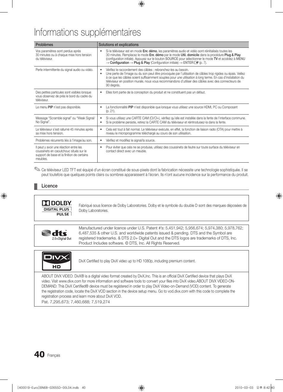 Informations supplémentaires, Licence | Samsung UE32C4000PW User Manual | Page 82 / 169