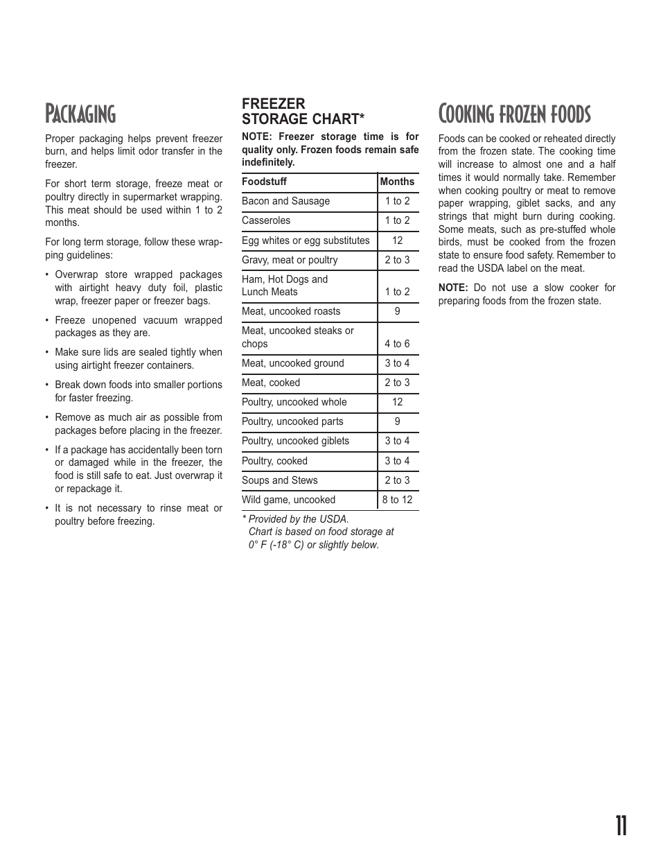 11 packaging, Cooking frozen foods, Freezer storage chart | Amana Upright Freezers User Manual | Page 11 / 48