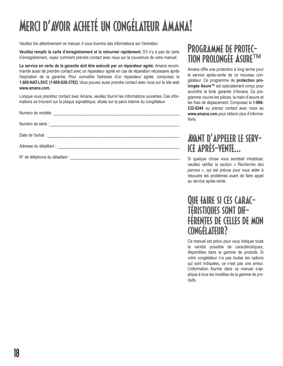 Merci d’avoir acheté un congélateur amana, Programme de protec- tion prolongée asure, Avant d’appeler le serv- ice après-vente | Amana Upright Freezers User Manual | Page 18 / 48