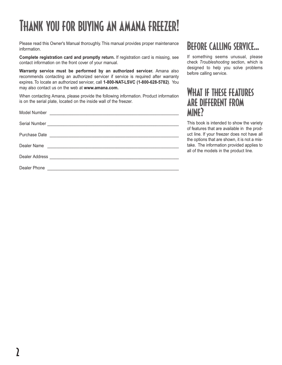 Before calling service, What if these features are different from mine | Amana Upright Freezers User Manual | Page 2 / 48