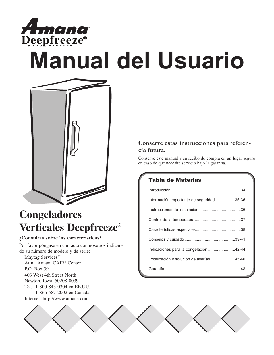 Manual del usuario, Congeladores verticales deepfreeze | Amana Upright Freezers User Manual | Page 33 / 48