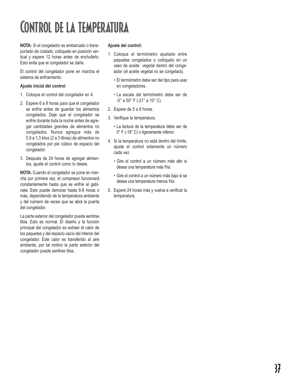 Control de la temperatura | Amana Upright Freezers User Manual | Page 37 / 48