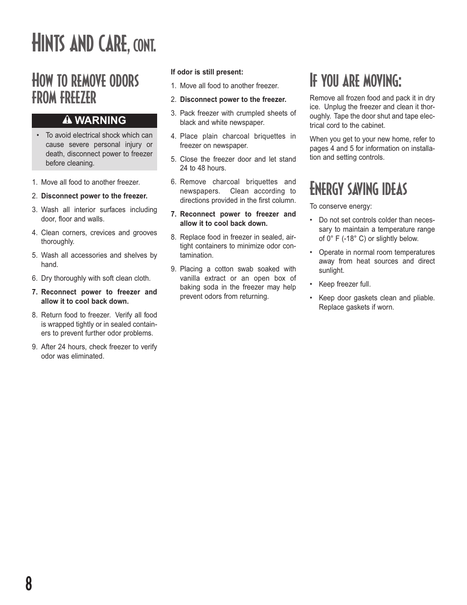 Hints and care, Cont. how to remove odors from freezer, If you are moving | Energy saving ideas | Amana Upright Freezers User Manual | Page 8 / 48