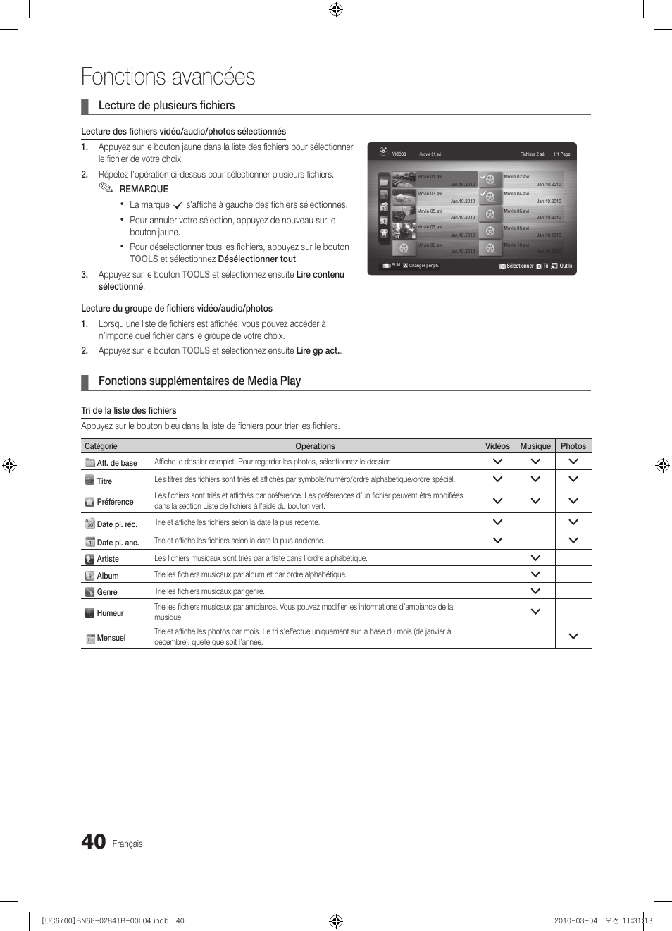 Fonctions avancées, Lecture de plusieurs fichiers, Fonctions supplémentaires de media play | Samsung UE37C6730US User Manual | Page 100 / 241