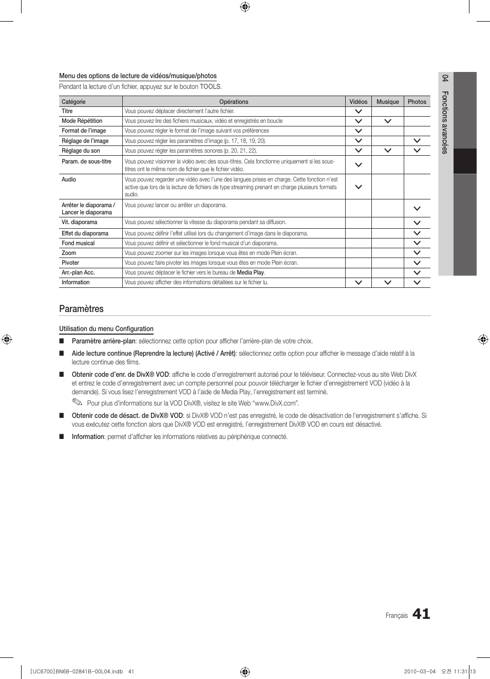 Paramètres | Samsung UE37C6730US User Manual | Page 101 / 241