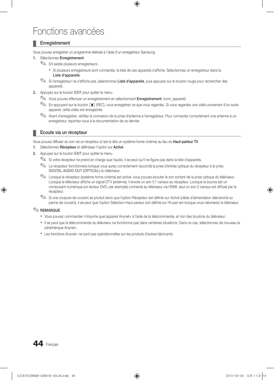 Fonctions avancées | Samsung UE37C6730US User Manual | Page 104 / 241