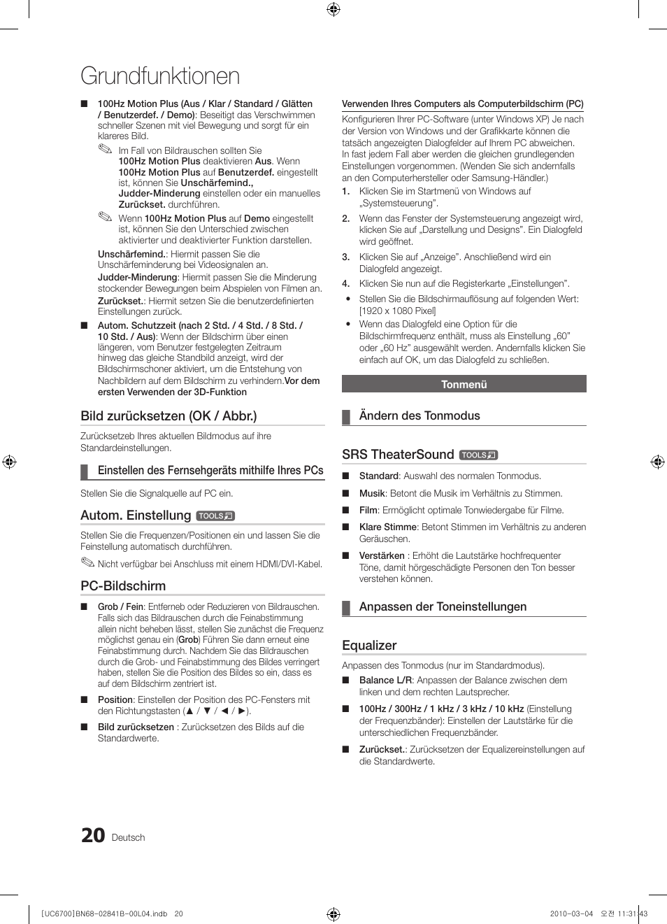 Grundfunktionen, Bild zurücksetzen (ok / abbr.), Autom. einstellung | Pc-bildschirm, Srs theatersound, Equalizer | Samsung UE37C6730US User Manual | Page 140 / 241