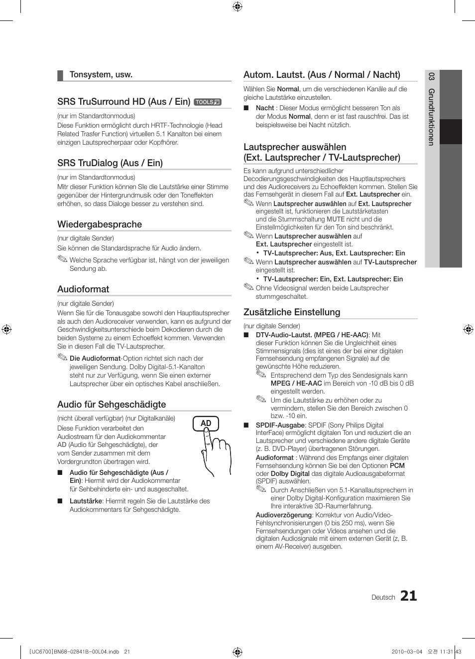Srs trusurround hd (aus / ein), Srs trudialog (aus / ein), Wiedergabesprache | Audioformat, Audio für sehgeschädigte, Autom. lautst. (aus / normal / nacht), Zusätzliche einstellung | Samsung UE37C6730US User Manual | Page 141 / 241