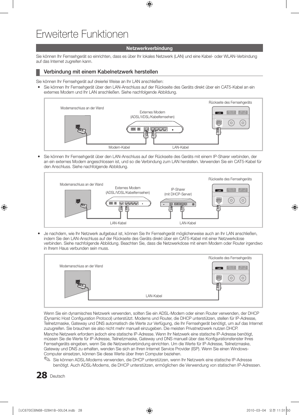 Erweiterte funktionen, Verbindung mit einem kabelnetzwerk herstellen, Netzwerkverbindung | Deutsch | Samsung UE37C6730US User Manual | Page 148 / 241