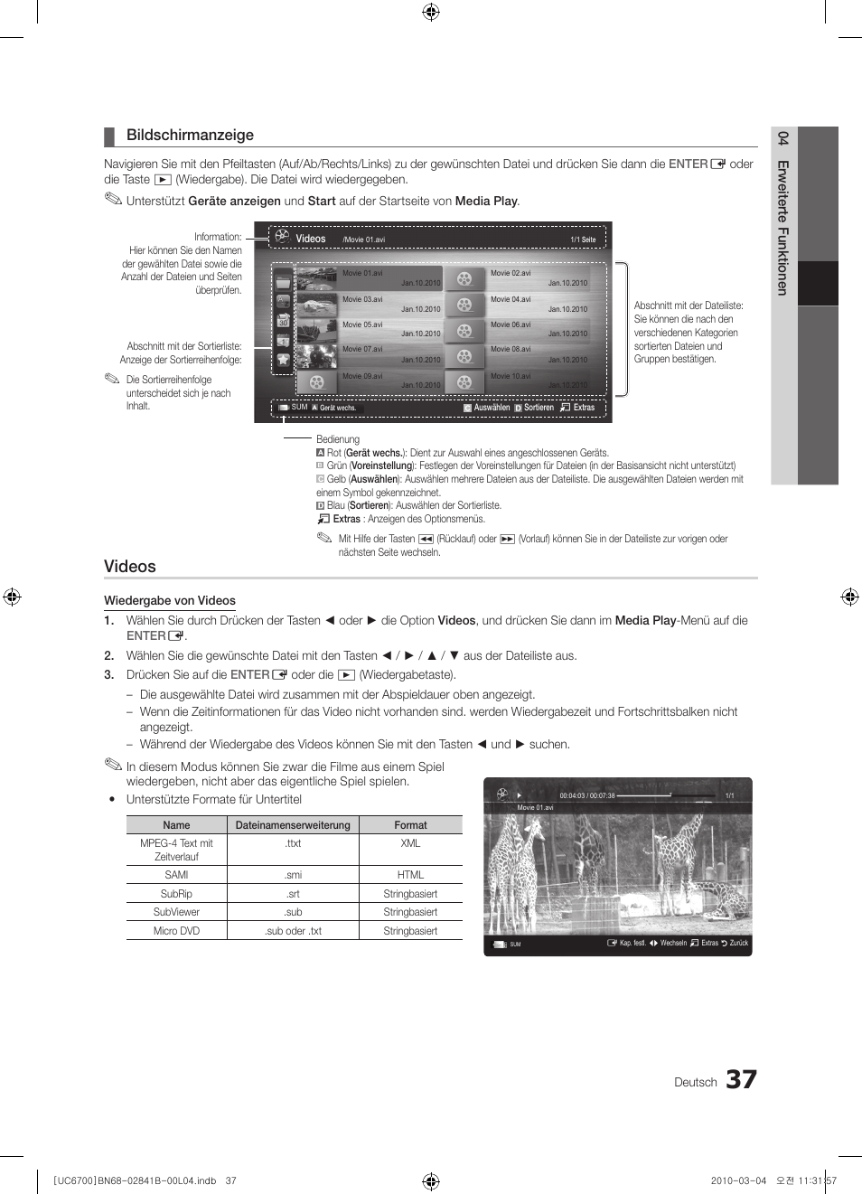Videos, Bildschirmanzeige | Samsung UE37C6730US User Manual | Page 157 / 241