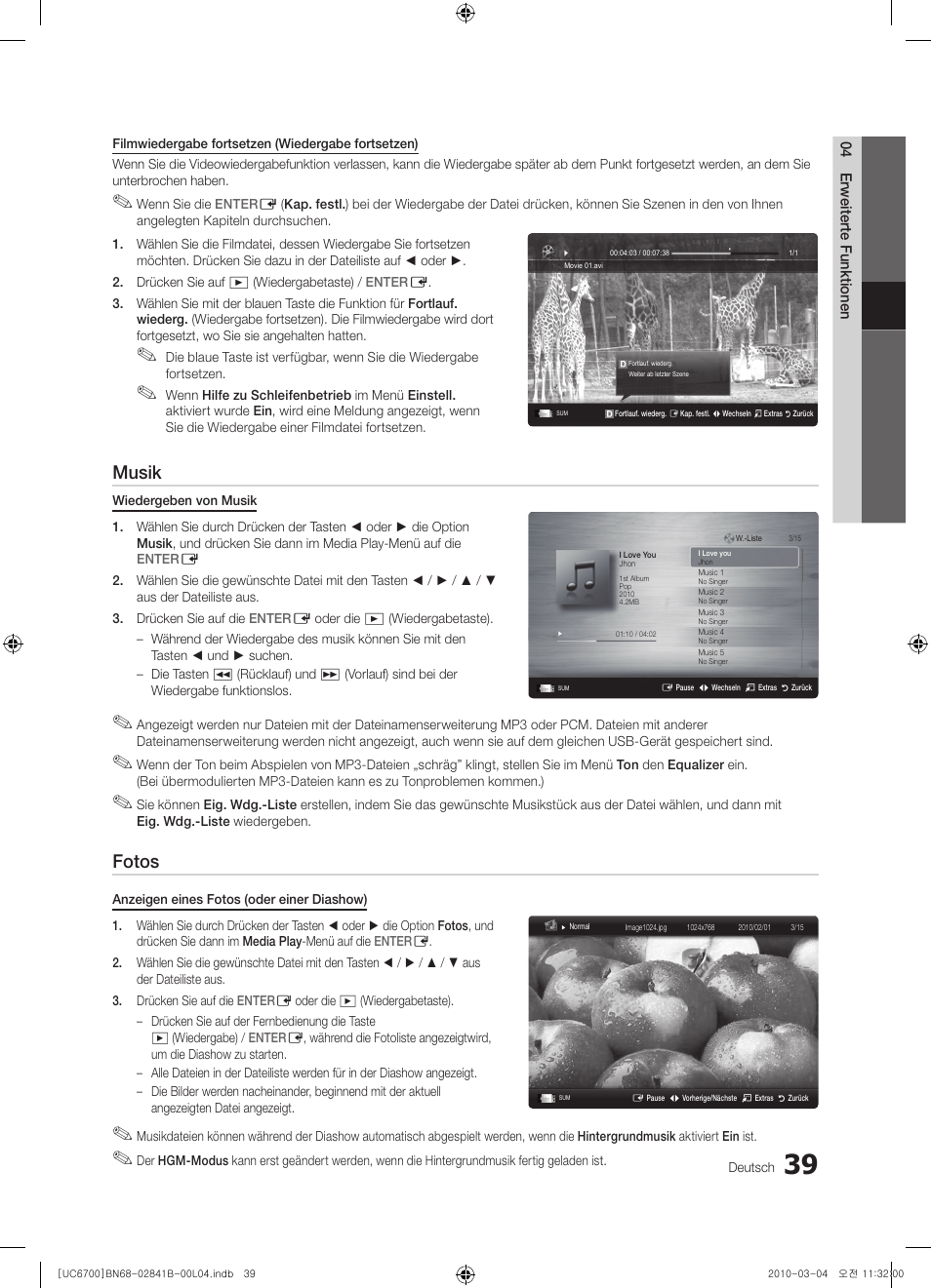 Musik, Fotos | Samsung UE37C6730US User Manual | Page 159 / 241