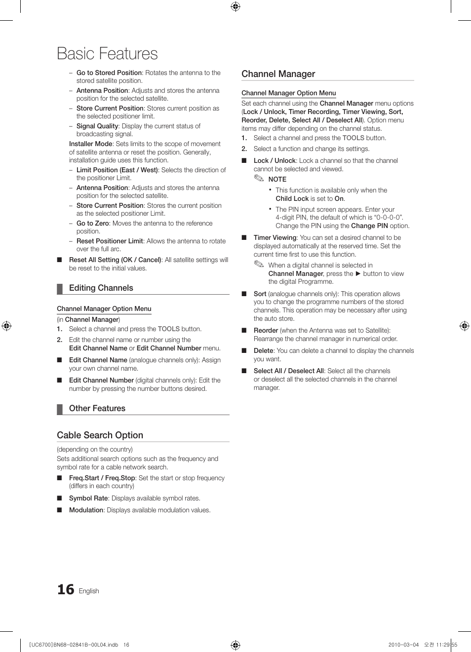 Basic features, Cable search option, Channel manager | Samsung UE37C6730US User Manual | Page 16 / 241