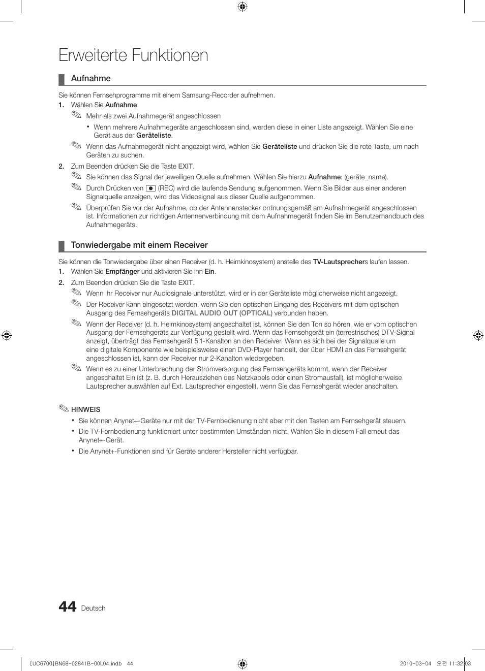 Erweiterte funktionen | Samsung UE37C6730US User Manual | Page 164 / 241