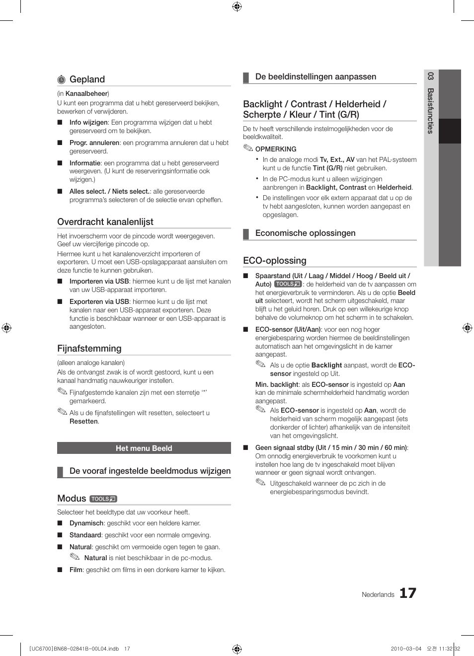 Gepland, Overdracht kanalenlijst, Fijnafstemming | Modus, Eco-oplossing | Samsung UE37C6730US User Manual | Page 197 / 241