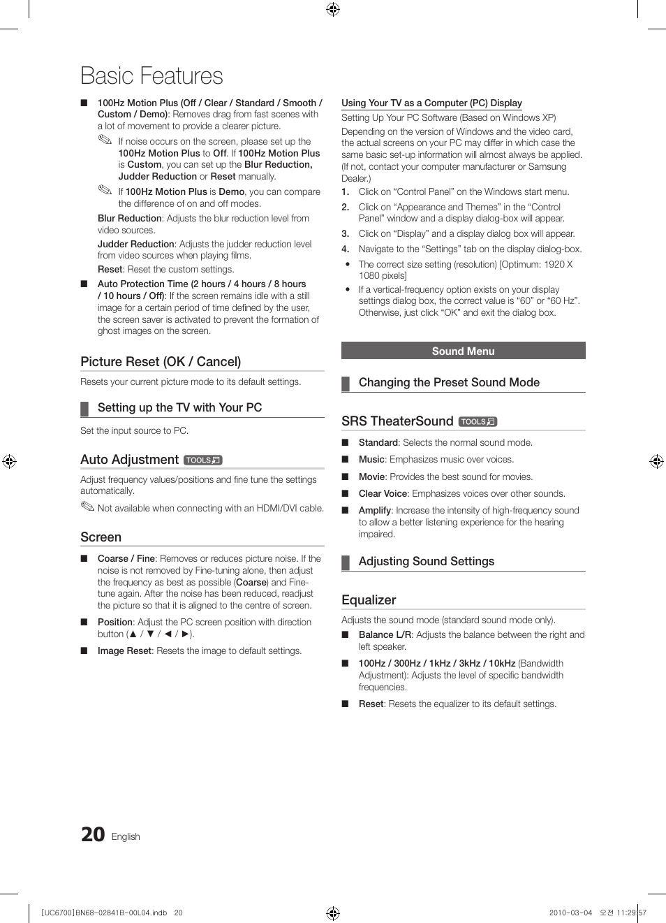Basic features, Picture reset (ok / cancel), Auto adjustment | Screen, Srs theatersound, Equalizer | Samsung UE37C6730US User Manual | Page 20 / 241