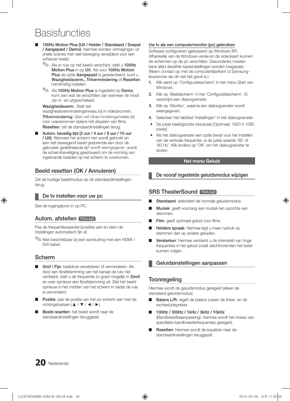Basisfuncties, Beeld resetten (ok / annuleren), Autom. afstellen | Scherm, Srs theatersound, Toonregeling | Samsung UE37C6730US User Manual | Page 200 / 241