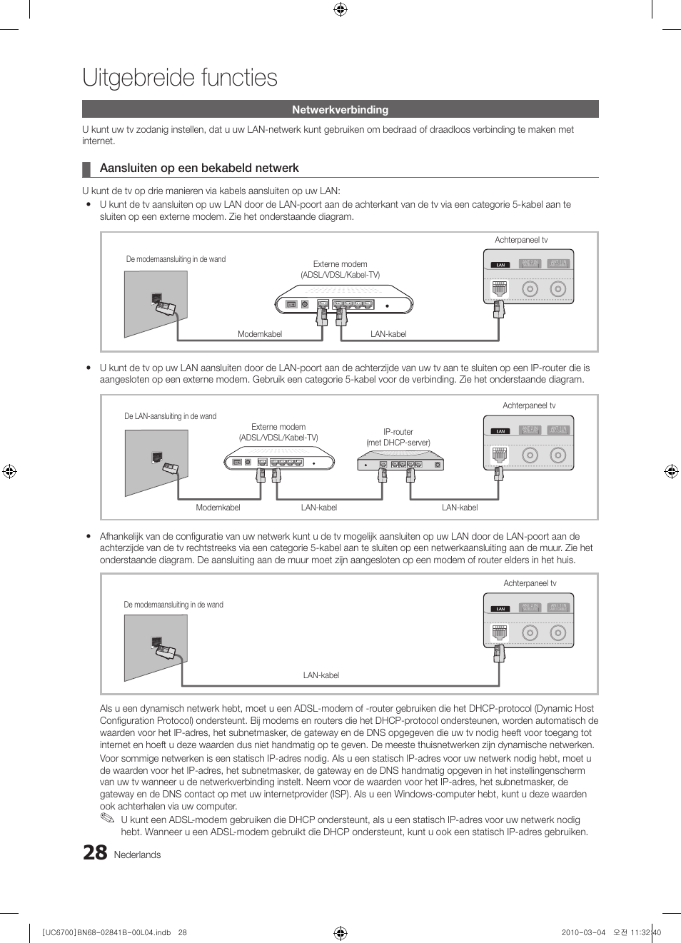 Uitgebreide functies, Aansluiten op een bekabeld netwerk, Netwerkverbinding | Nederlands | Samsung UE37C6730US User Manual | Page 208 / 241
