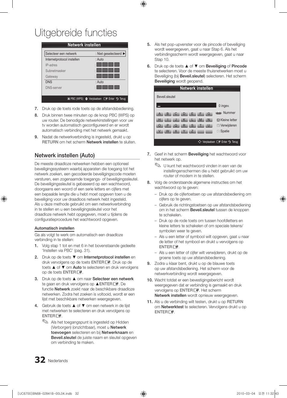 Uitgebreide functies, Netwerk instellen (auto) | Samsung UE37C6730US User Manual | Page 212 / 241