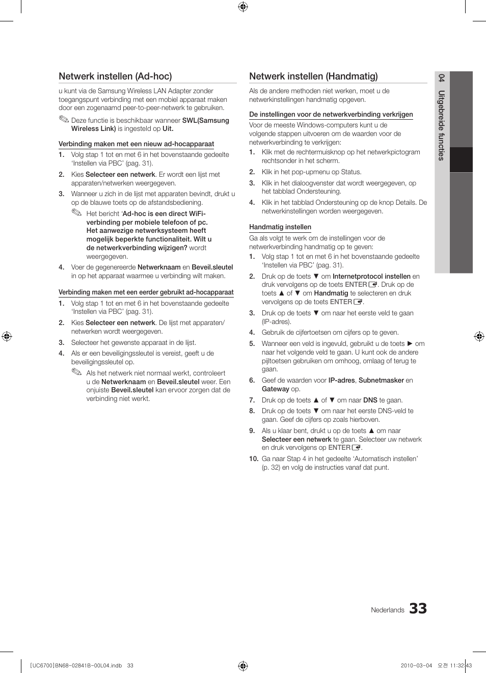 Netwerk instellen (ad-hoc), Netwerk instellen (handmatig) | Samsung UE37C6730US User Manual | Page 213 / 241