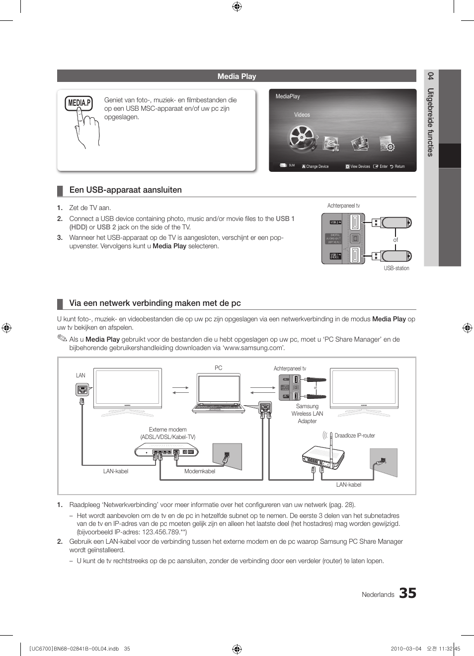 Een usb-apparaat aansluiten, Via een netwerk verbinding maken met de pc, Media.p | Samsung UE37C6730US User Manual | Page 215 / 241