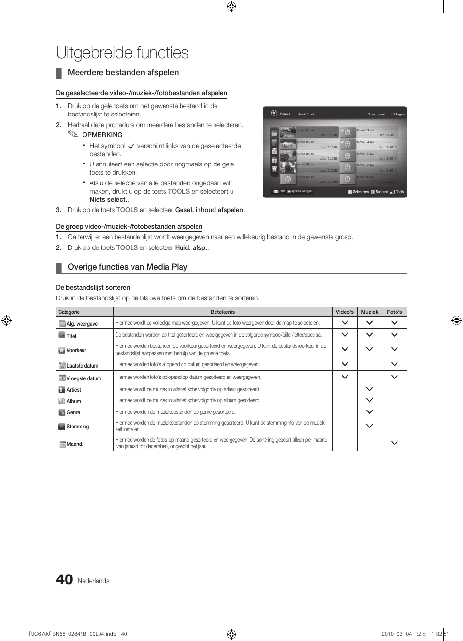 Uitgebreide functies, Meerdere bestanden afspelen, Overige functies van media play | Samsung UE37C6730US User Manual | Page 220 / 241