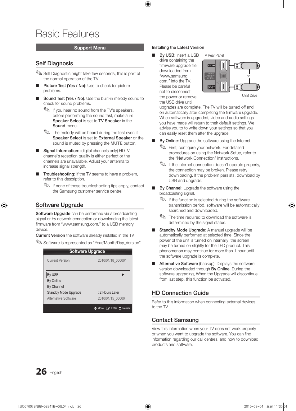 Basic features, Self diagnosis, Software upgrade | Hd connection guide, Contact samsung | Samsung UE37C6730US User Manual | Page 26 / 241