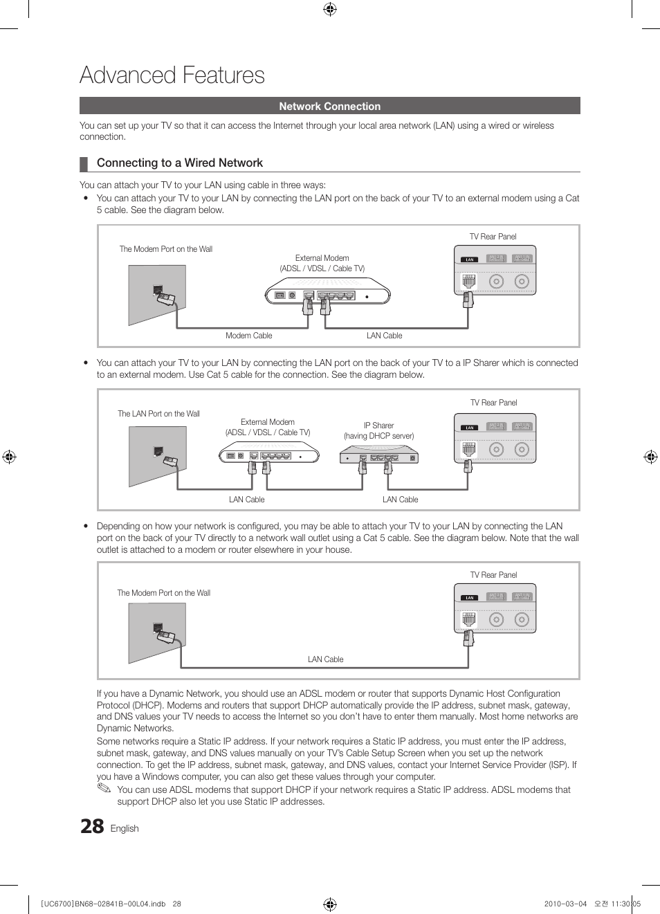 Advanced features, Connecting to a wired network, Network connection | English | Samsung UE37C6730US User Manual | Page 28 / 241