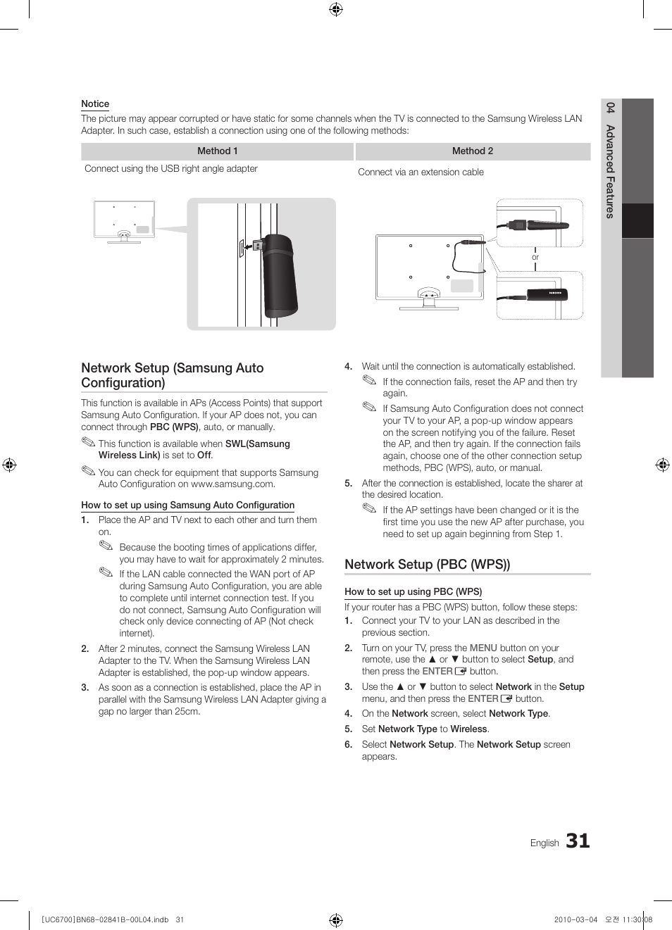 Network setup (samsung auto configuration), Network setup (pbc (wps)) | Samsung UE37C6730US User Manual | Page 31 / 241