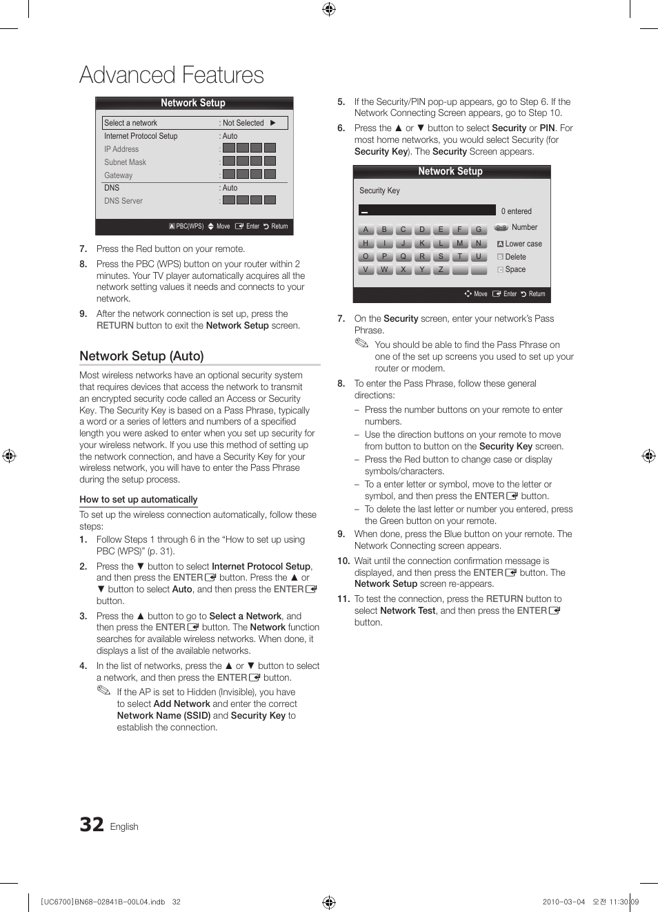 Advanced features, Network setup (auto) | Samsung UE37C6730US User Manual | Page 32 / 241