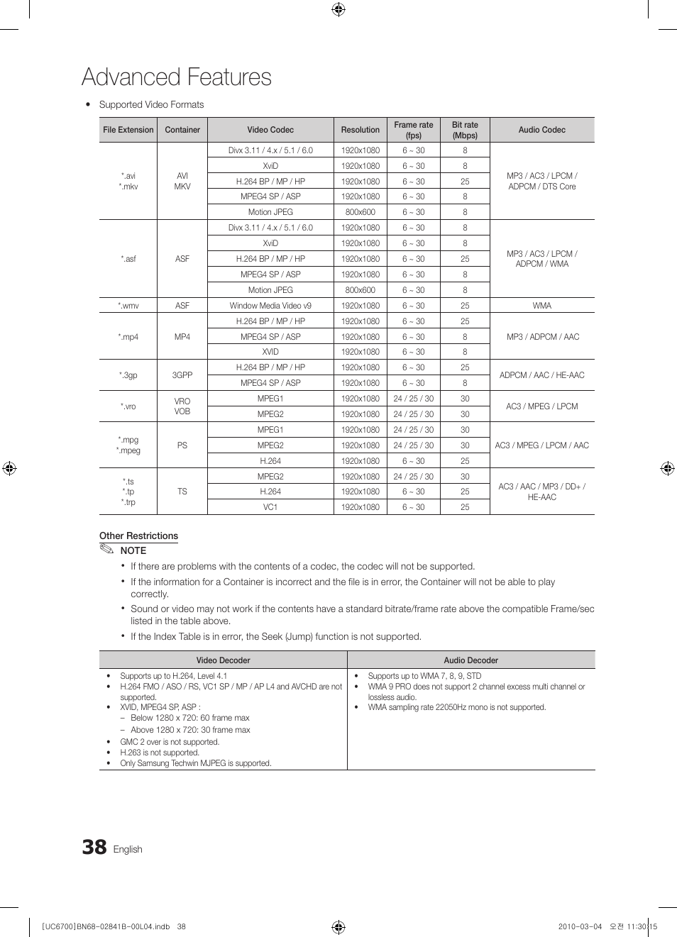 Advanced features | Samsung UE37C6730US User Manual | Page 38 / 241