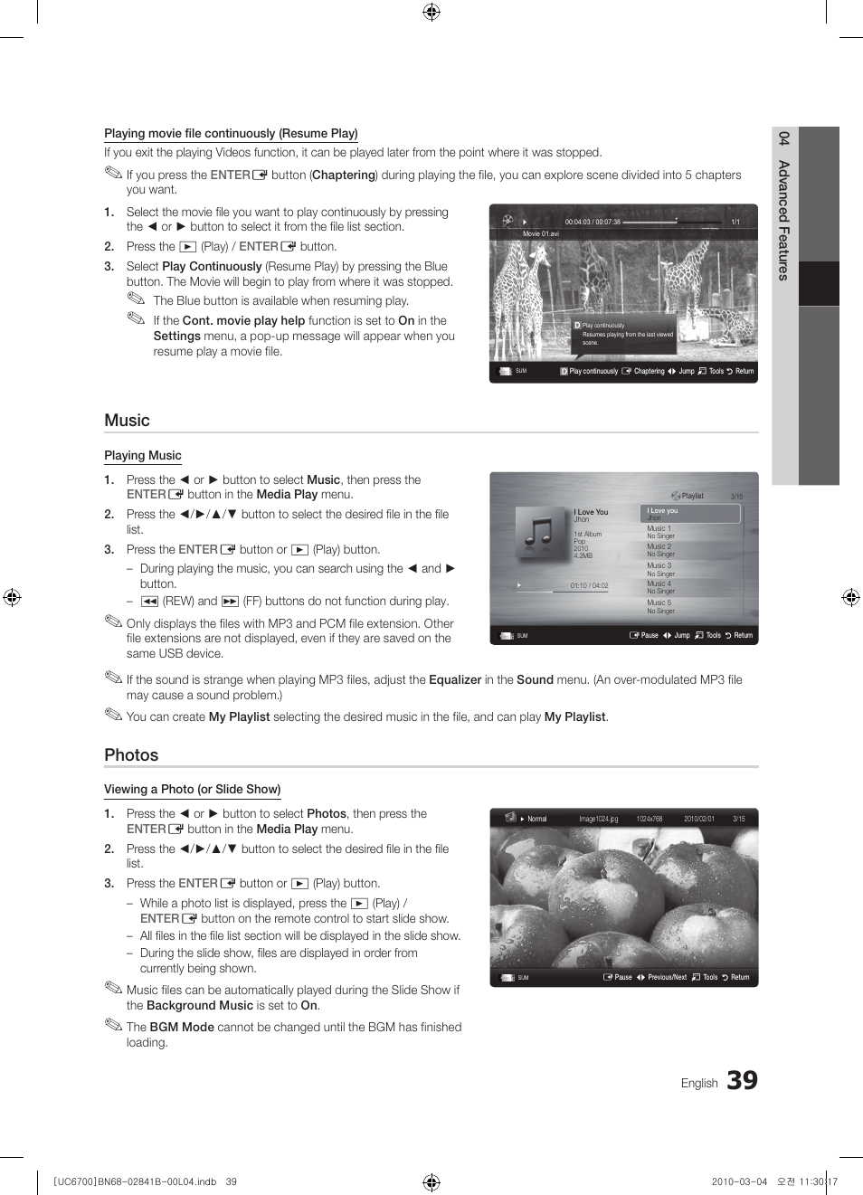 Music, Photos | Samsung UE37C6730US User Manual | Page 39 / 241