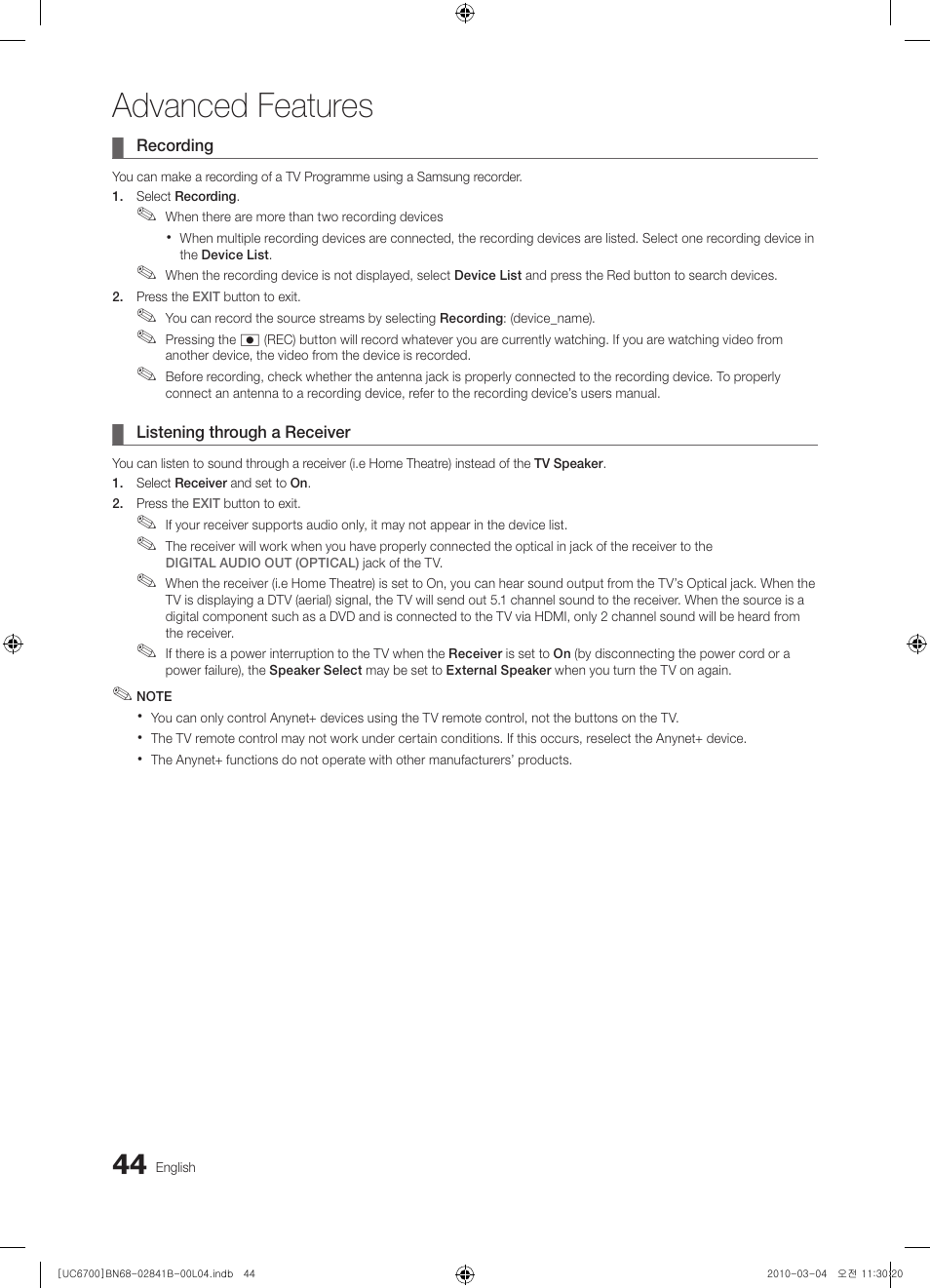 Advanced features | Samsung UE37C6730US User Manual | Page 44 / 241