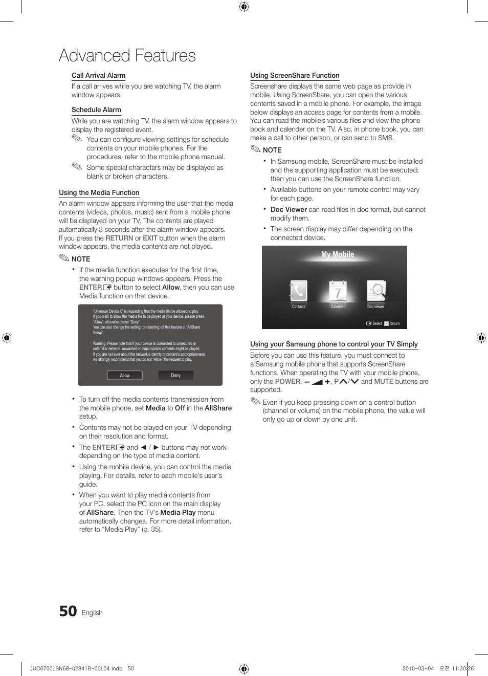 Advanced features | Samsung UE37C6730US User Manual | Page 50 / 241