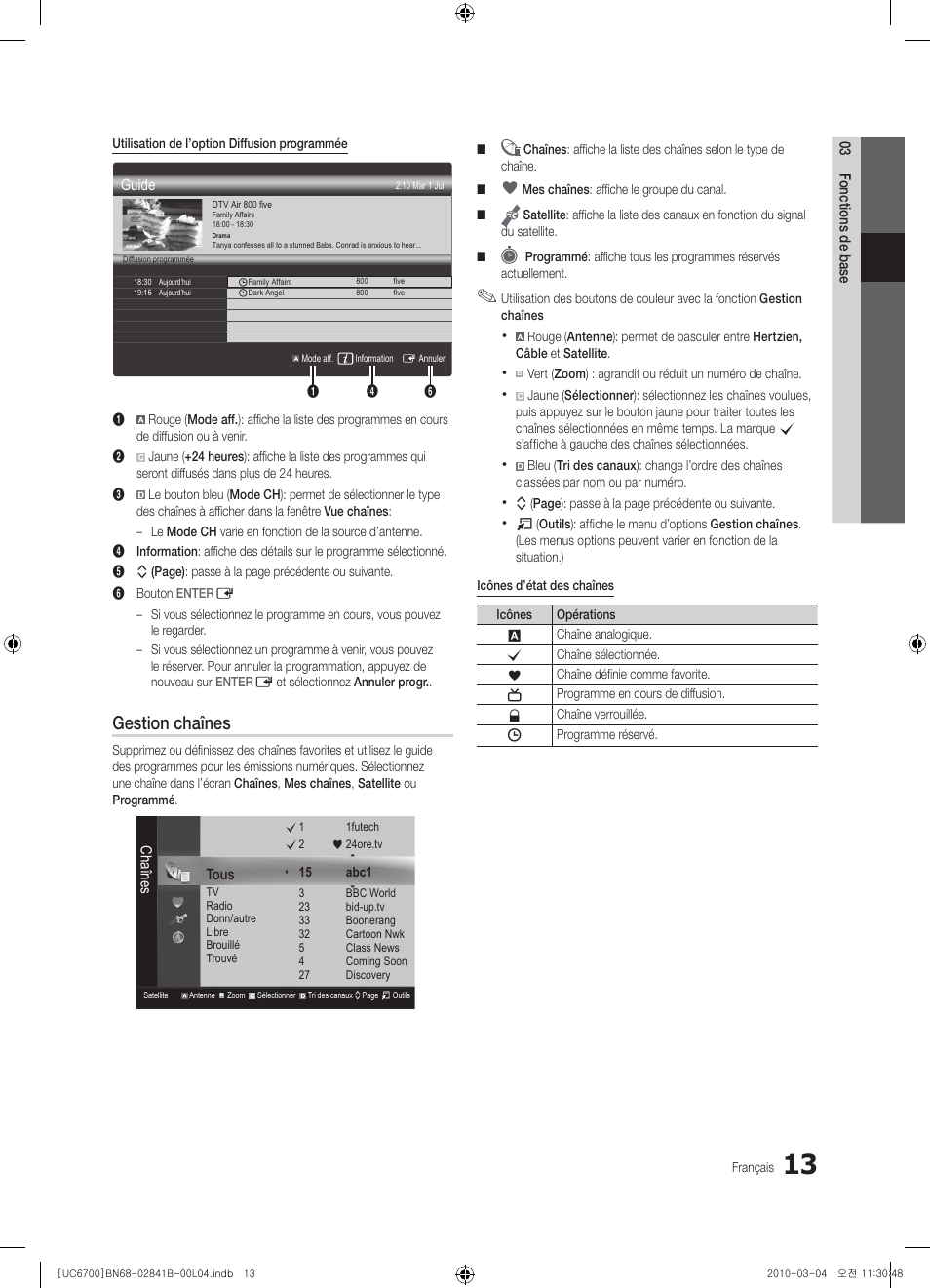 Gestion chaînes | Samsung UE37C6730US User Manual | Page 73 / 241