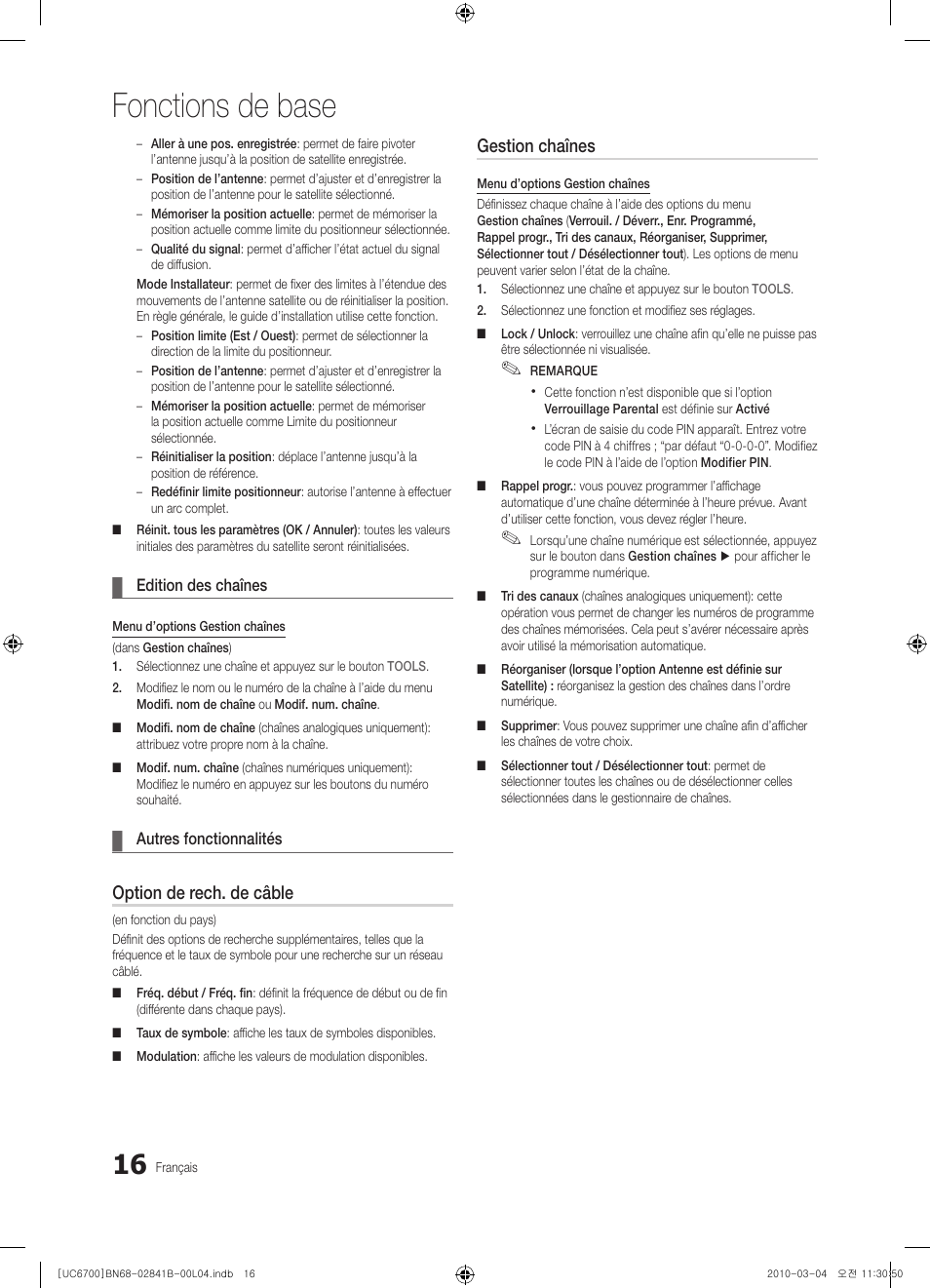 Fonctions de base, Option de rech. de câble, Gestion chaînes | Samsung UE37C6730US User Manual | Page 76 / 241