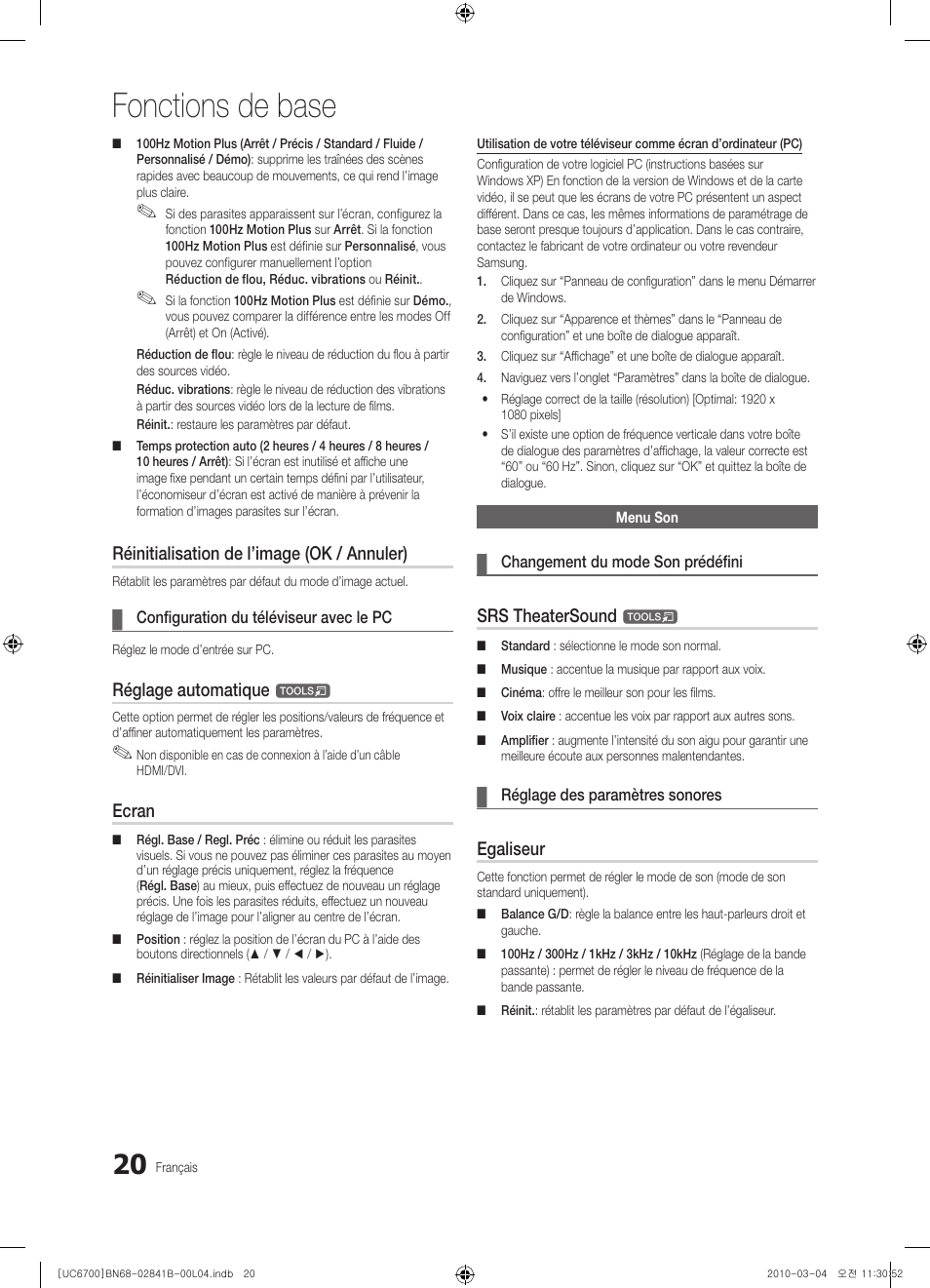 Fonctions de base, Réinitialisation de l’image (ok / annuler), Réglage automatique | Ecran, Srs theatersound, Egaliseur | Samsung UE37C6730US User Manual | Page 80 / 241