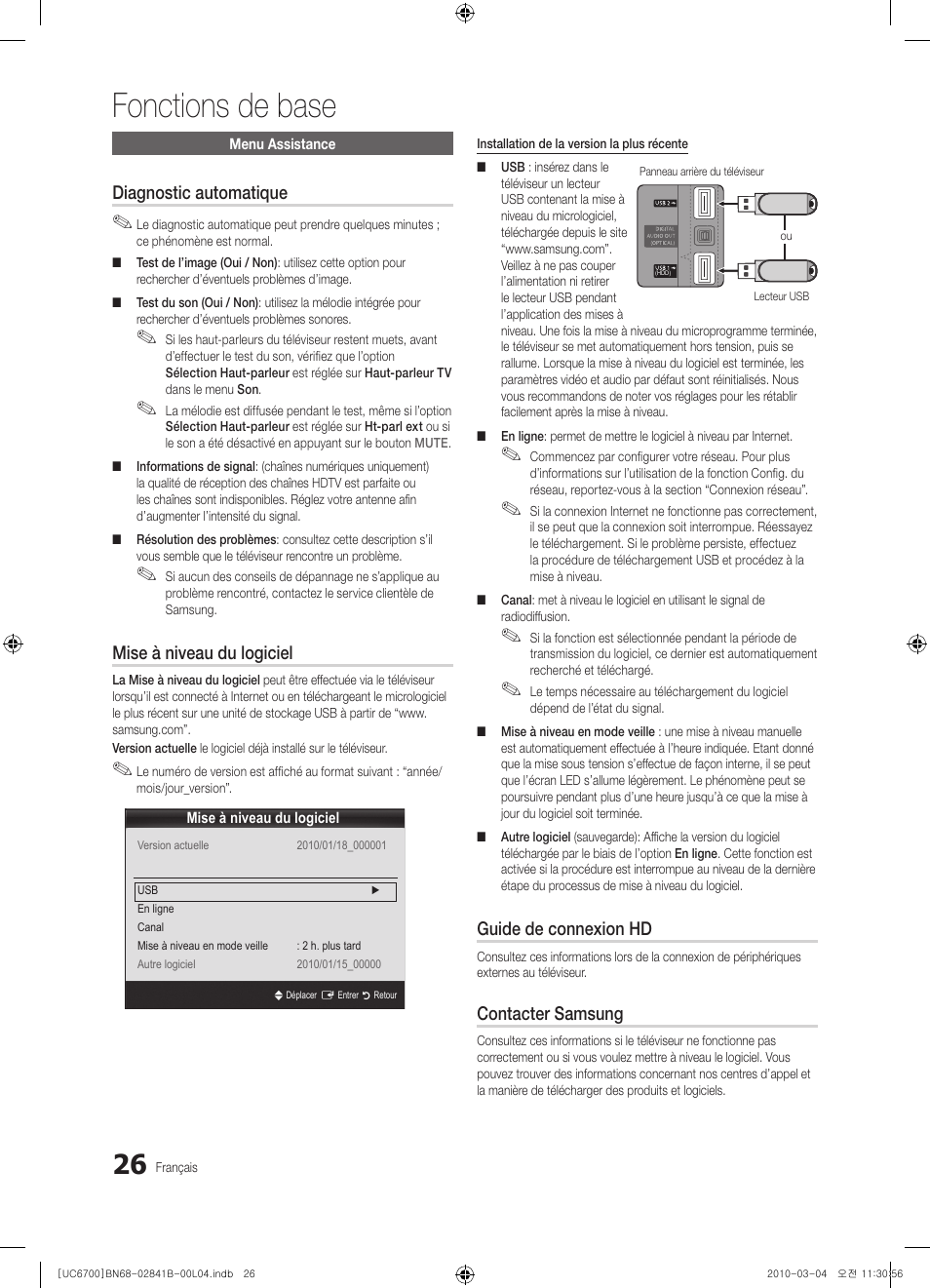 Fonctions de base, Diagnostic automatique, Mise à niveau du logiciel | Guide de connexion hd, Contacter samsung | Samsung UE37C6730US User Manual | Page 86 / 241