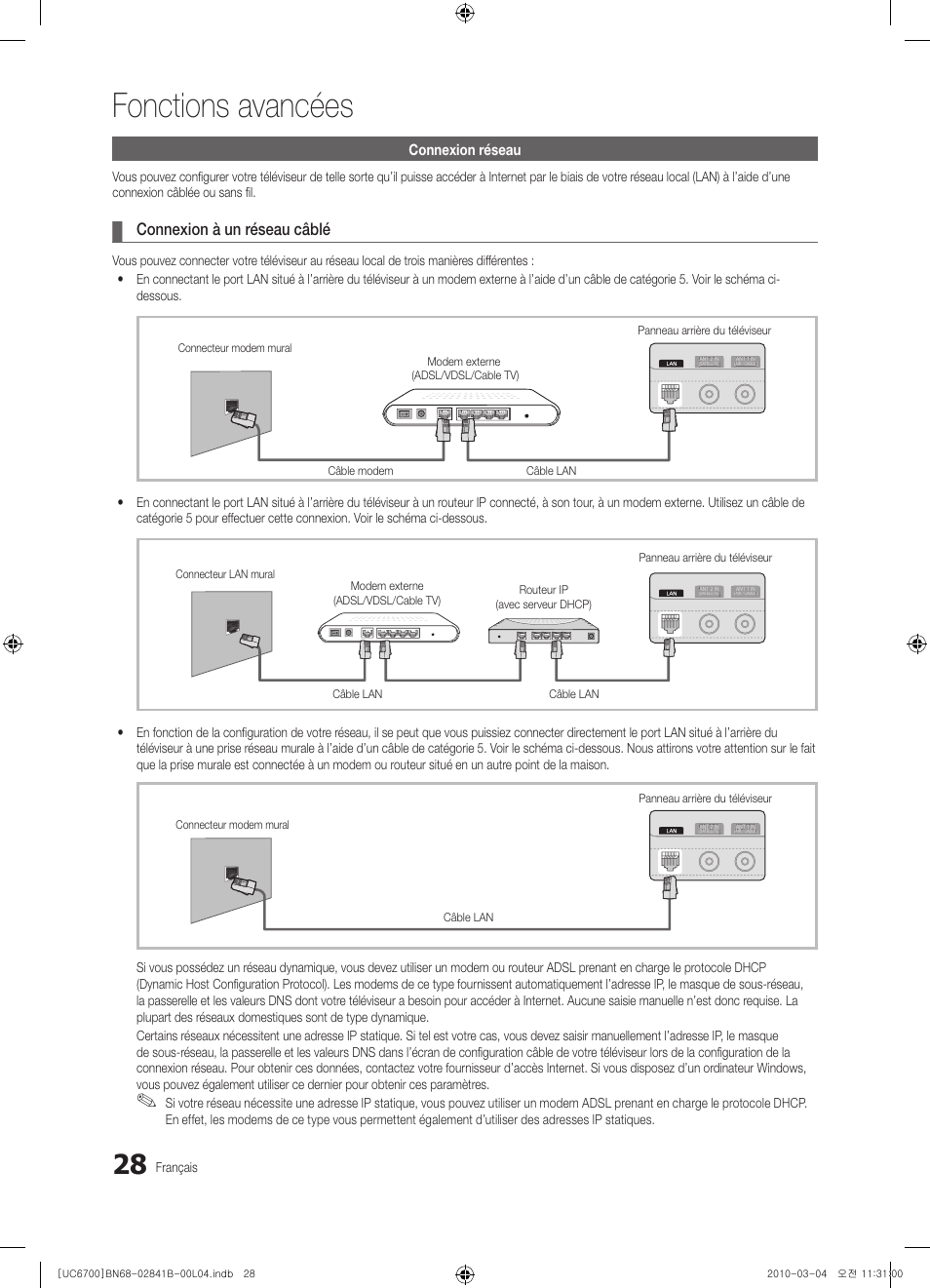 Fonctions avancées, Connexion à un réseau câblé, Connexion réseau | Français | Samsung UE37C6730US User Manual | Page 88 / 241