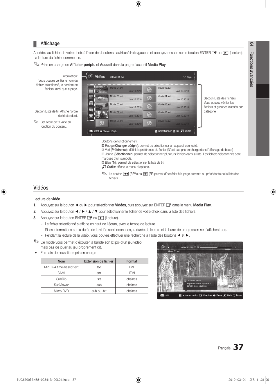 Vidéos, Affichage | Samsung UE37C6730US User Manual | Page 97 / 241