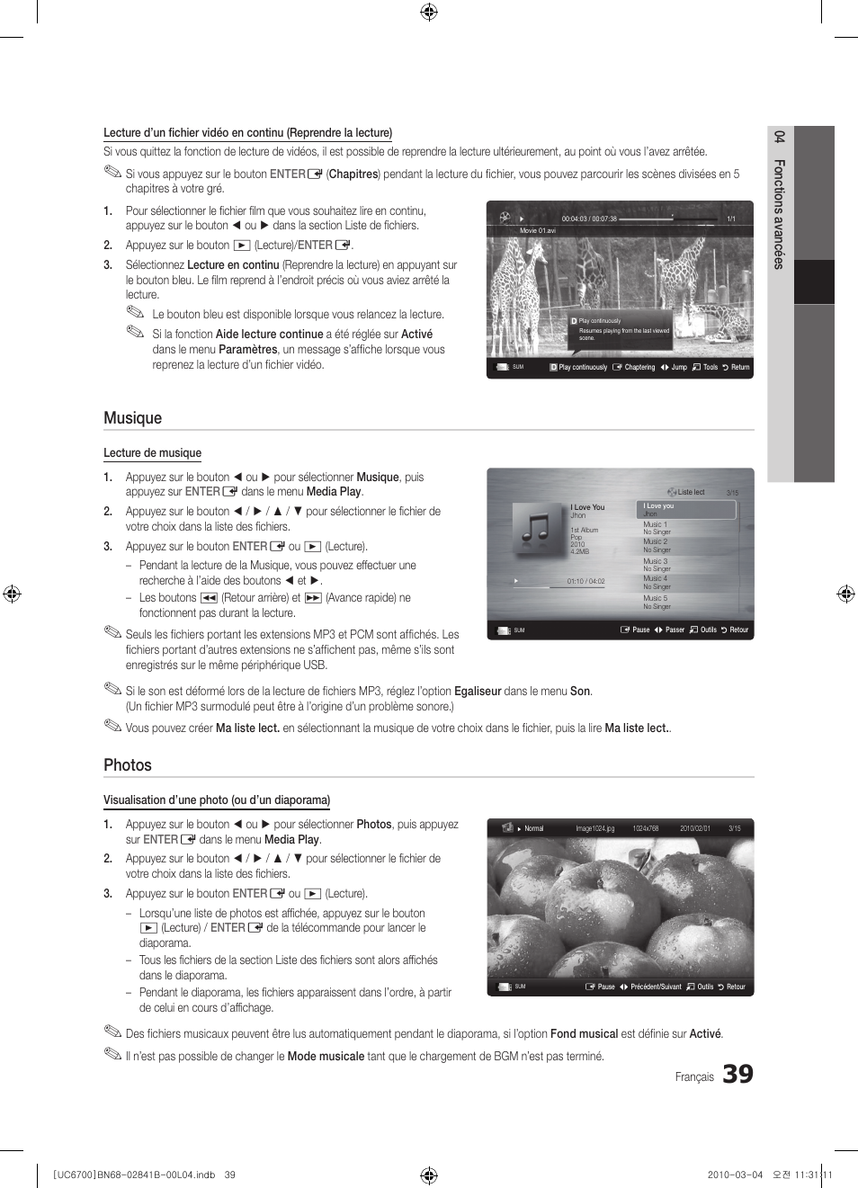 Musique, Photos | Samsung UE37C6730US User Manual | Page 99 / 241