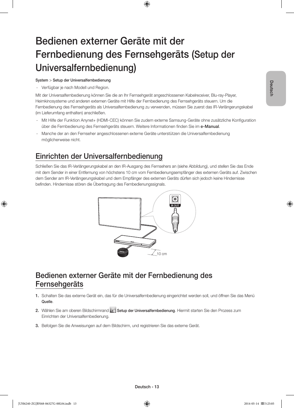 Setup der universalfernbedienung, Einrichten der universalfernbedienung | Samsung UE50H6270SS User Manual | Page 33 / 81