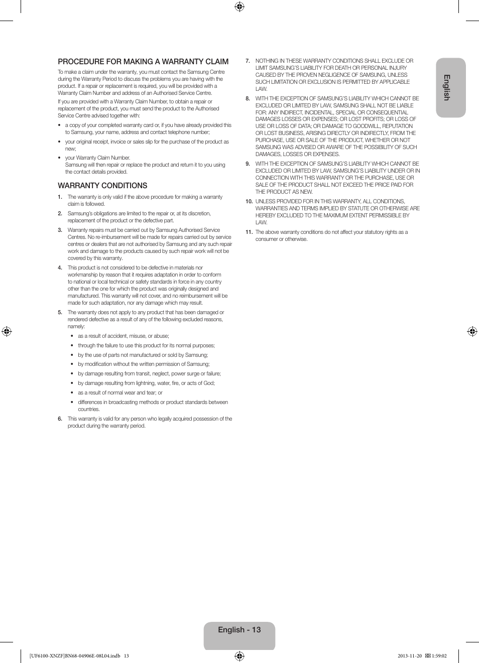 English procedure for making a warranty claim, Warranty conditions, English - 13 | Samsung UE40F6100AW User Manual | Page 13 / 81