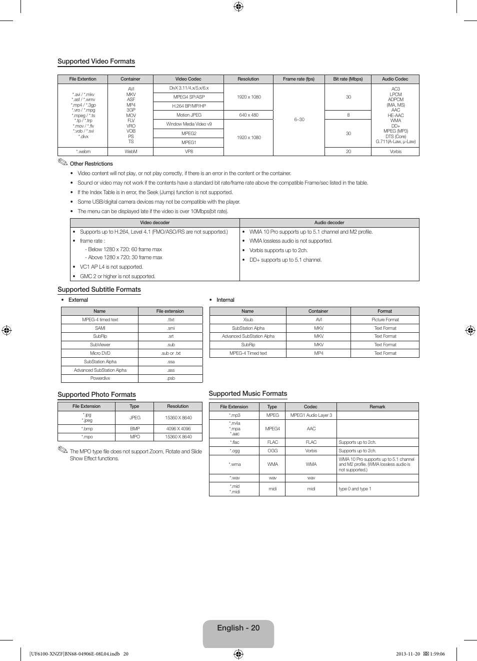 English - 20 | Samsung UE40F6100AW User Manual | Page 20 / 81
